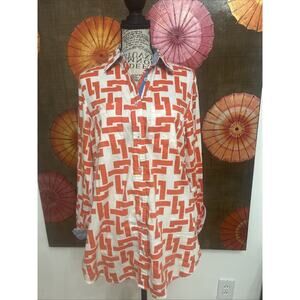 TIZZIE Cotton Blend Geometric Print Blouse W/Flip Cuffs Whimsical Vibrant Sz S